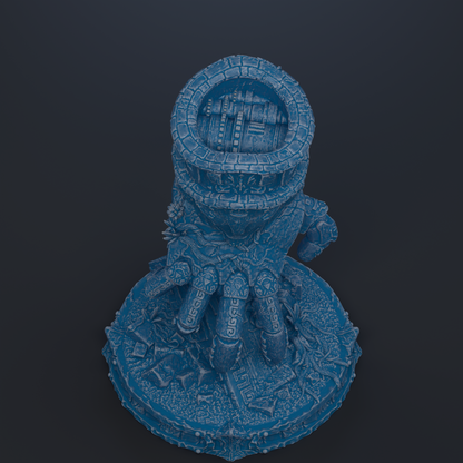 The image is a 3D rendering of a blue, intricate statue or sculpture with a circular base and various geometric patterns and designs.
