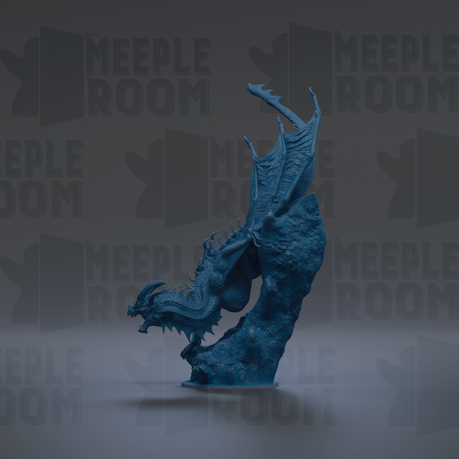 A blue dragon statue is displayed against a dark background with repeated text.