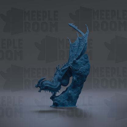 A blue dragon statue is displayed against a dark background with repeated text.