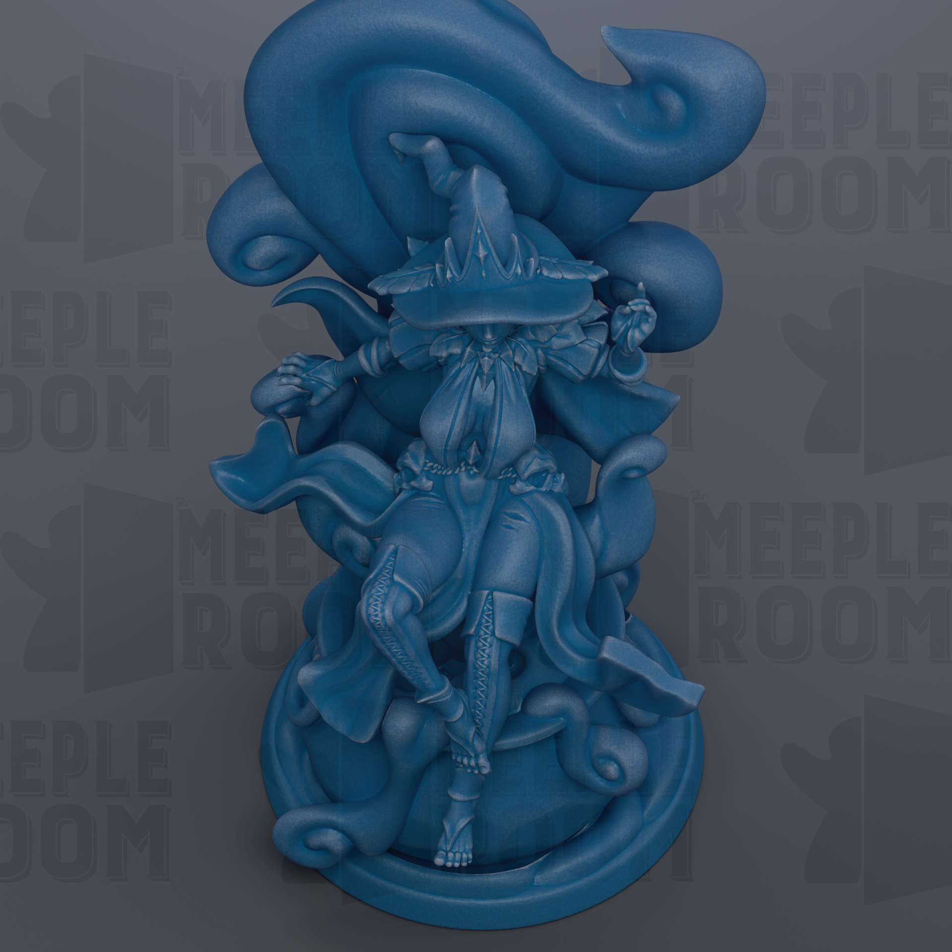 A blue, fantastical statue of a character with an ornate headdress and flowing robes, standing on a pedestal.
