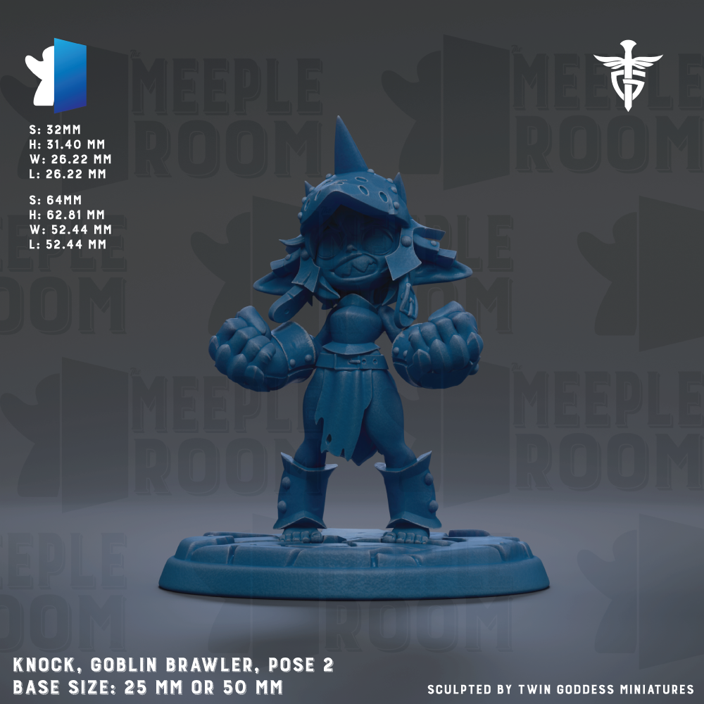 a blue figurine of a character, likely a dwarf or gnome, posed in a fighting stance with a determined expression. The figurine is standing on a base that is either 25mm or 50mm in diameter. The background of the image is a dark gray color, with the words "MEPLE ROOM" repeated multiple times throughout.