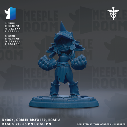 a blue figurine of a character, likely a dwarf or gnome, posed in a fighting stance with a determined expression. The figurine is standing on a base that is either 25mm or 50mm in diameter. The background of the image is a dark gray color, with the words "MEPLE ROOM" repeated multiple times throughout.