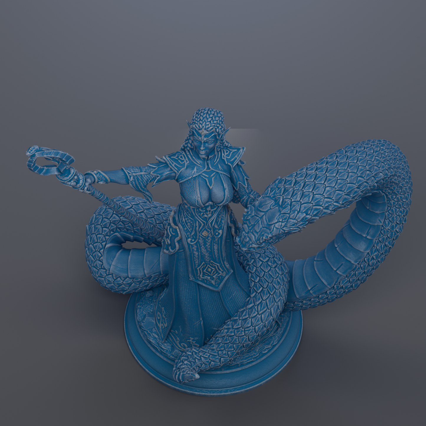 A 3D rendering of a female character with a snake-like creature on her back, both depicted in a blue color scheme.