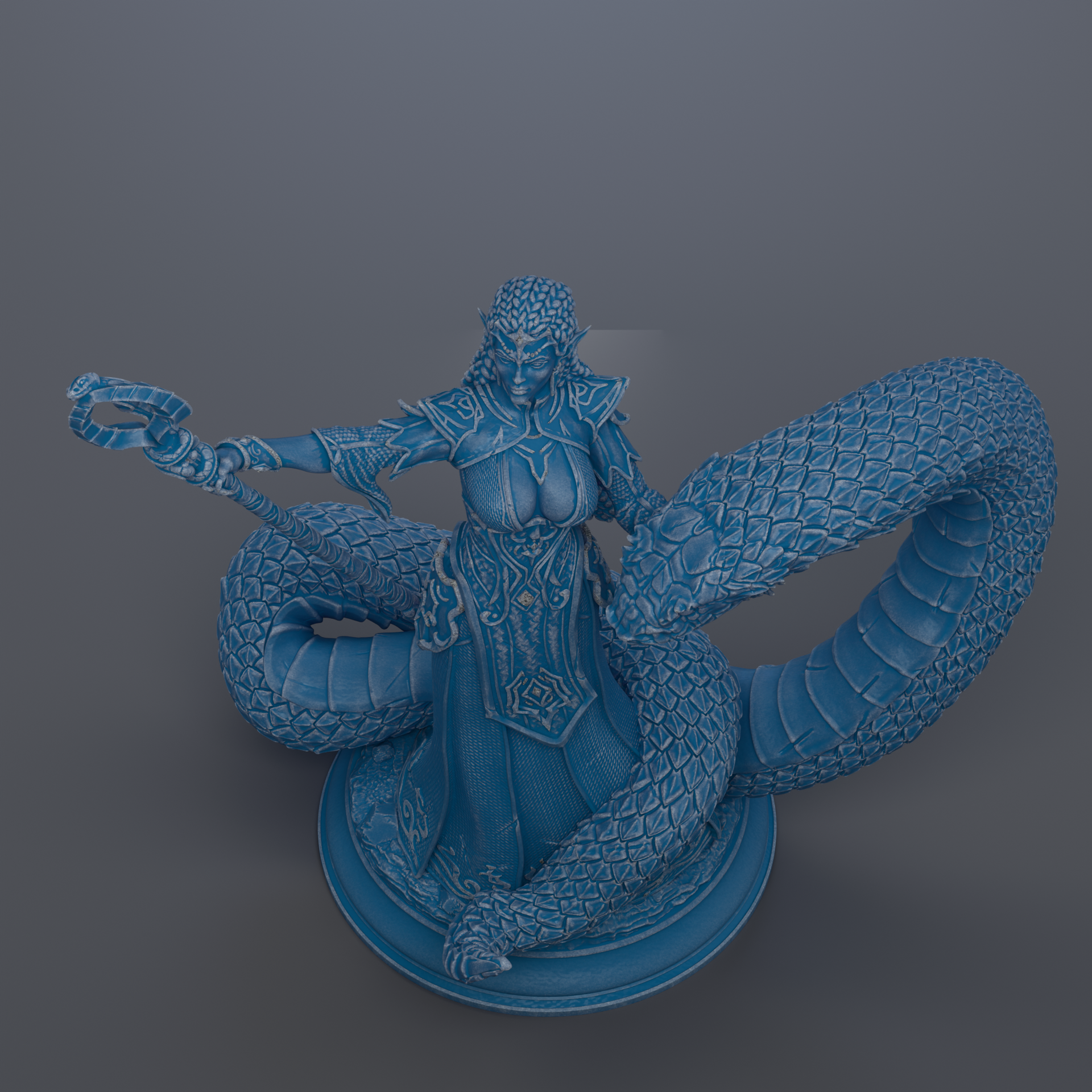 A 3D rendering of a female character with a snake-like creature on her back, both depicted in a blue color scheme.