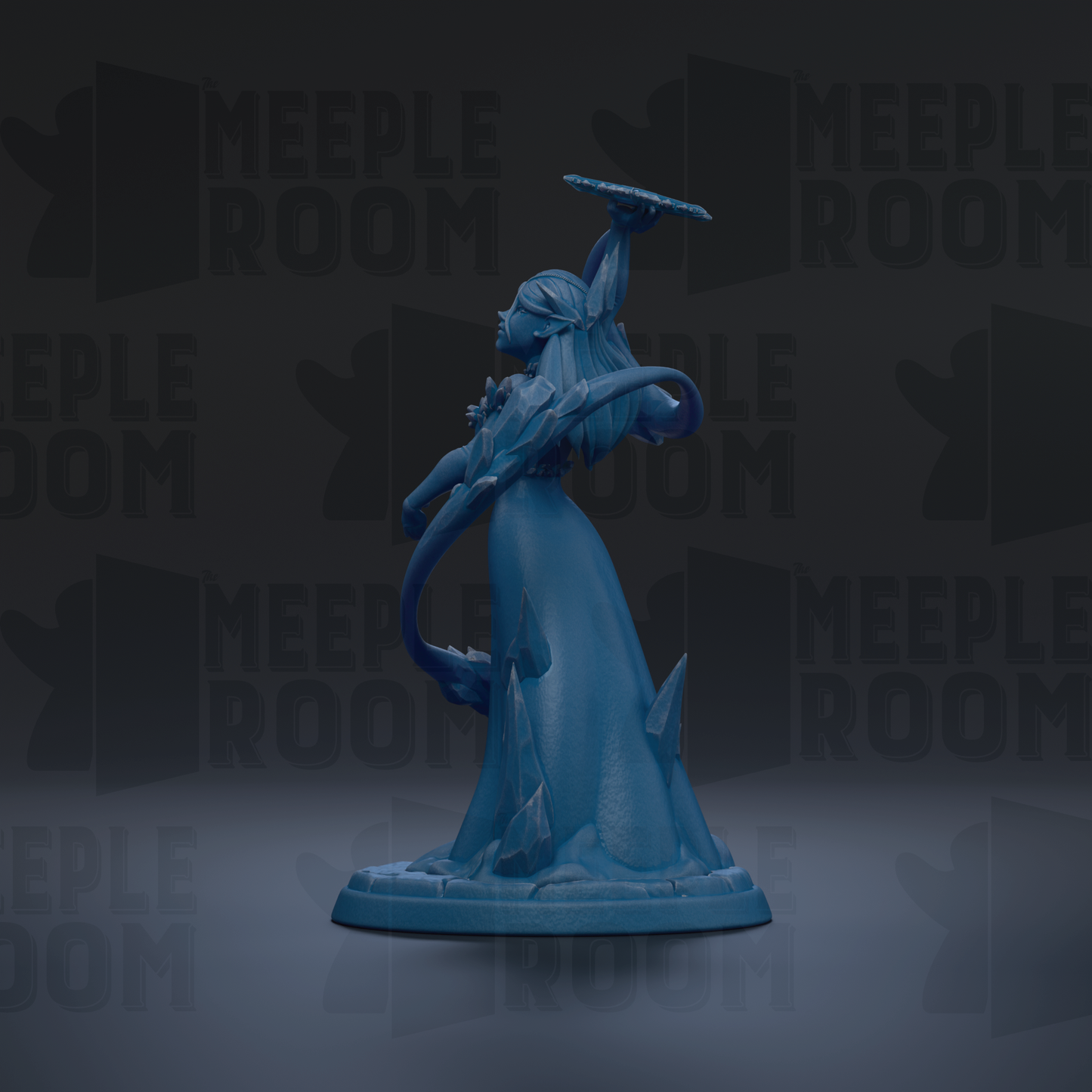 A blue figurine of a woman with a sword stands on a pedestal against a dark background with repeated "MEIPLE ROOM" text.