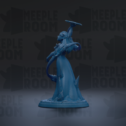 A blue figurine of a woman with a sword stands on a pedestal against a dark background with repeated "MEIPLE ROOM" text.