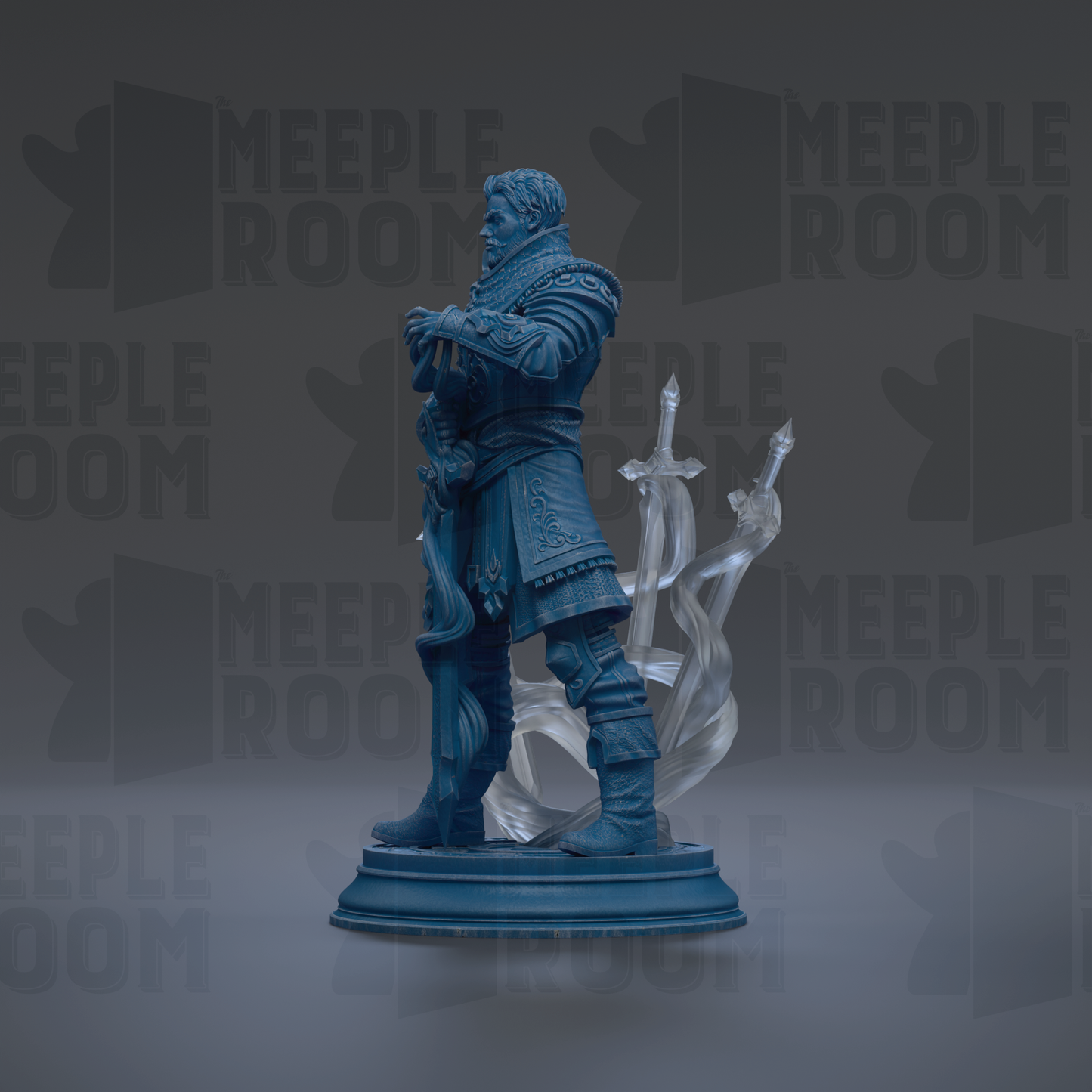 A blue statue of a man holding a sword and shield, standing on a pedestal against a dark background with repeated text.