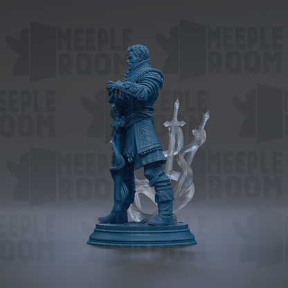 A blue statue of a man holding a sword and shield, standing on a pedestal against a dark background with repeated text.