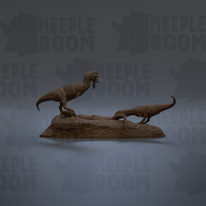 two dinosaur statues, one standing and one lying down, against a dark background with repeated text.