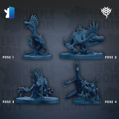 four different poses of a blue, fantastical creature resembling a dragon or serpent, each displayed on a blue base.