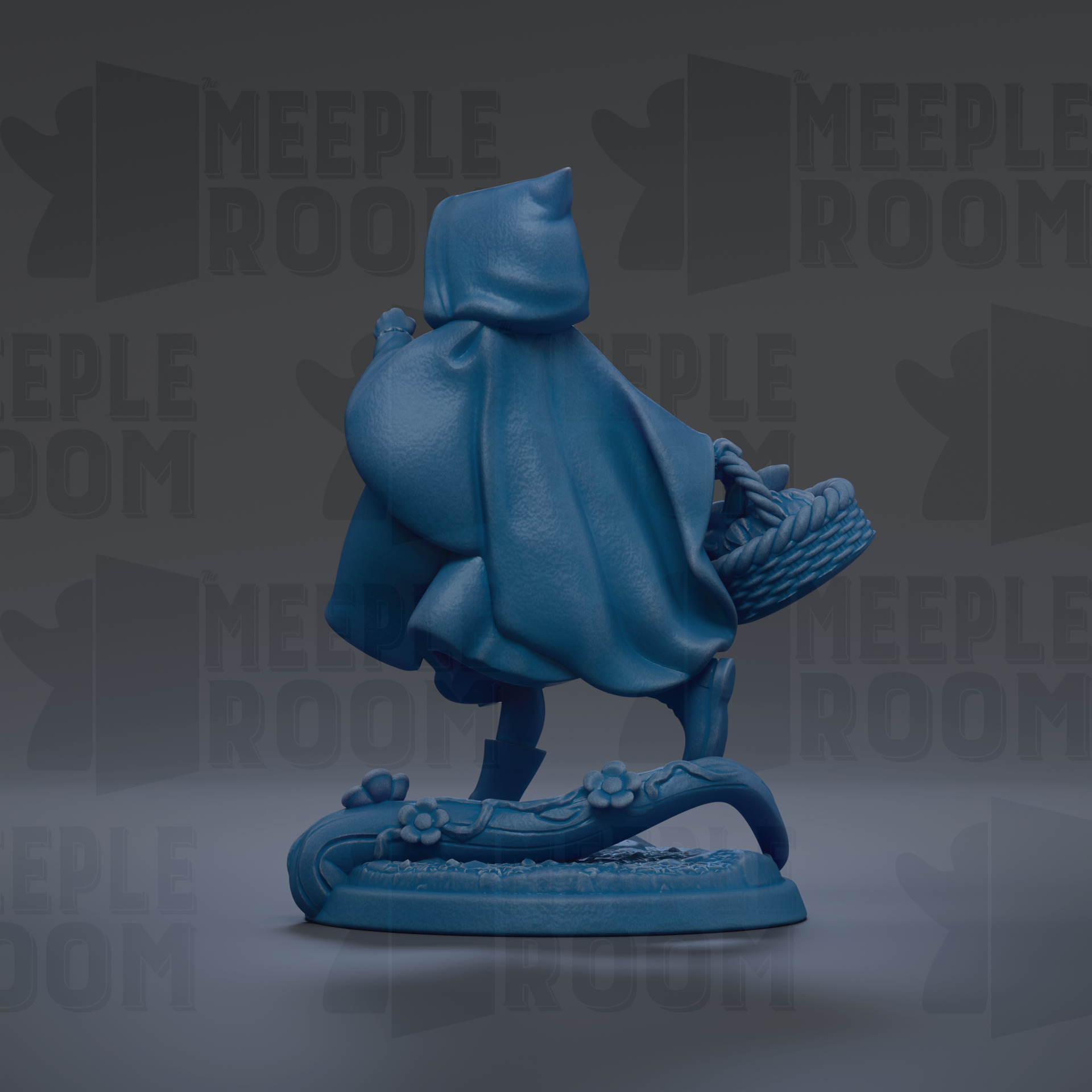 A blue figurine of a person wearing a hooded cloak and carrying a basket, standing on a platform with flowers.