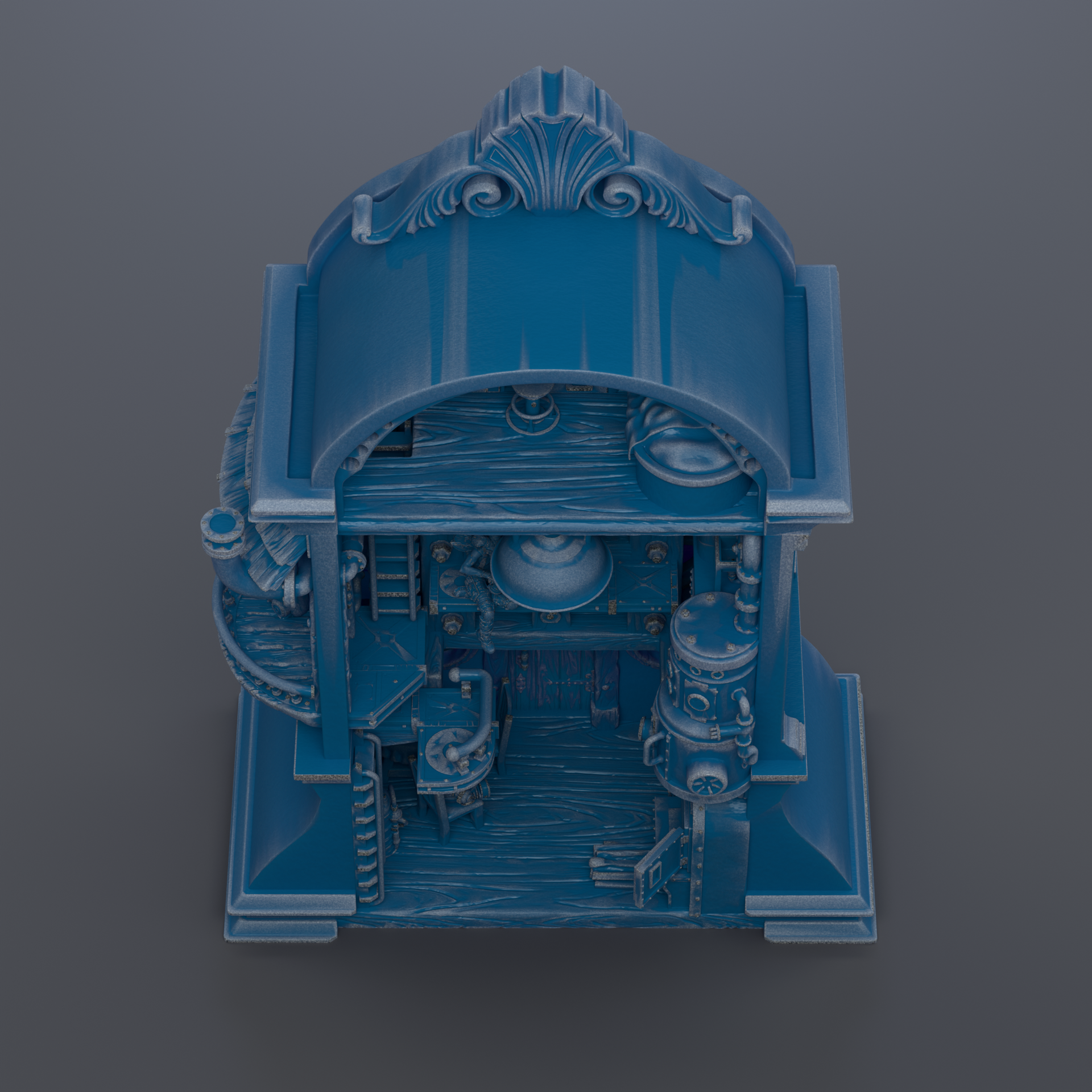 A 3D rendering of a blue, ornate clock with intricate details and a decorative top.