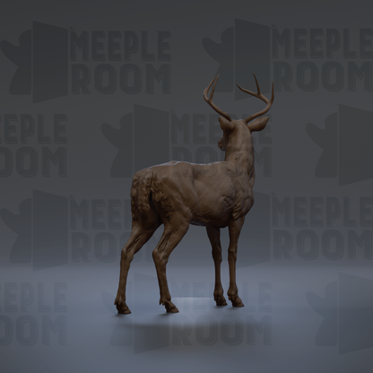 A 3D rendering of a deer statue with antlers, standing in a dark environment with the text "MEUPLE ROOM" repeated in the background.