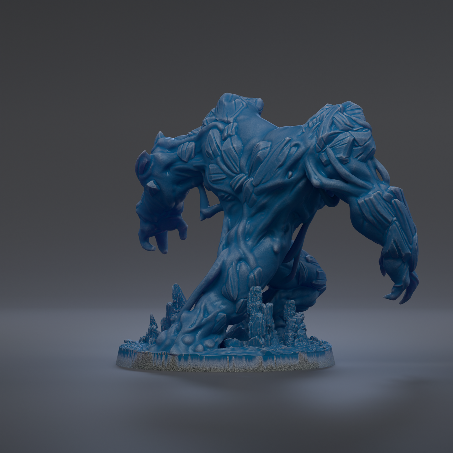 A 3D rendering of a blue, organic-looking creature with intricate, textured features, standing on a base with small, rocky structures.