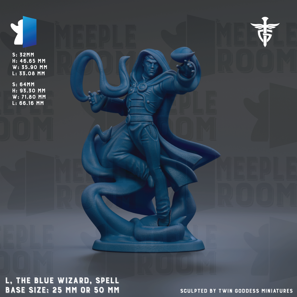 The image is a 3D model of a blue wizard statue, with the base size being either 25mm or 50mm. The statue is shown in a dynamic pose, with the wizard holding a wand and a shield. The background of the image is dark, which contrasts with the blue of the wizard and makes the statue stand out. The image does not contain any text or additional objects, and the focus is solely on the statue and its details.