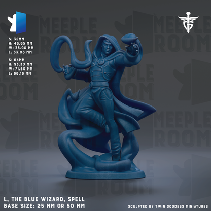 The image is a 3D model of a blue wizard statue, with the base size being either 25mm or 50mm. The statue is shown in a dynamic pose, with the wizard holding a wand and a shield. The background of the image is dark, which contrasts with the blue of the wizard and makes the statue stand out. The image does not contain any text or additional objects, and the focus is solely on the statue and its details.