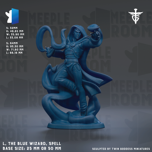 The image is a 3D model of a blue wizard statue, with the base size being either 25mm or 50mm. The statue is shown in a dynamic pose, with the wizard holding a wand and a shield. The background of the image is dark, which contrasts with the blue of the wizard and makes the statue stand out. The image does not contain any text or additional objects, and the focus is solely on the statue and its details.