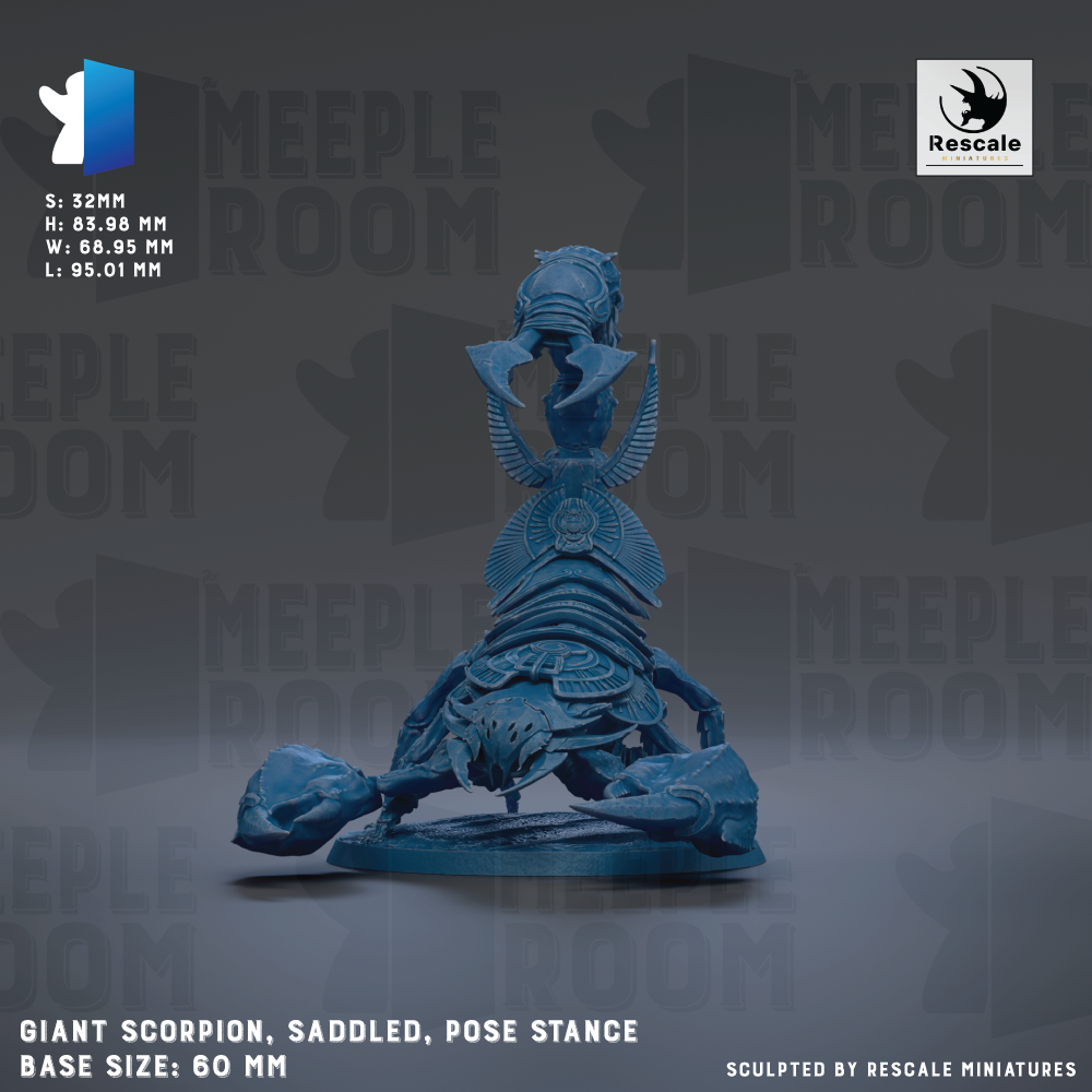 a large blue figurine of a creature with wings and a headdress, sitting on a base and appearing to be in a pose. The creature is described as a "Giant Scorpion, Saddled, Pose Stance" and is shown in a detailed and realistic manner. The image is a sculpture and does not contain any text.