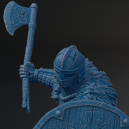 A detailed 3D rendering of a knight in armor, holding a large sword and shield, ready for battle.