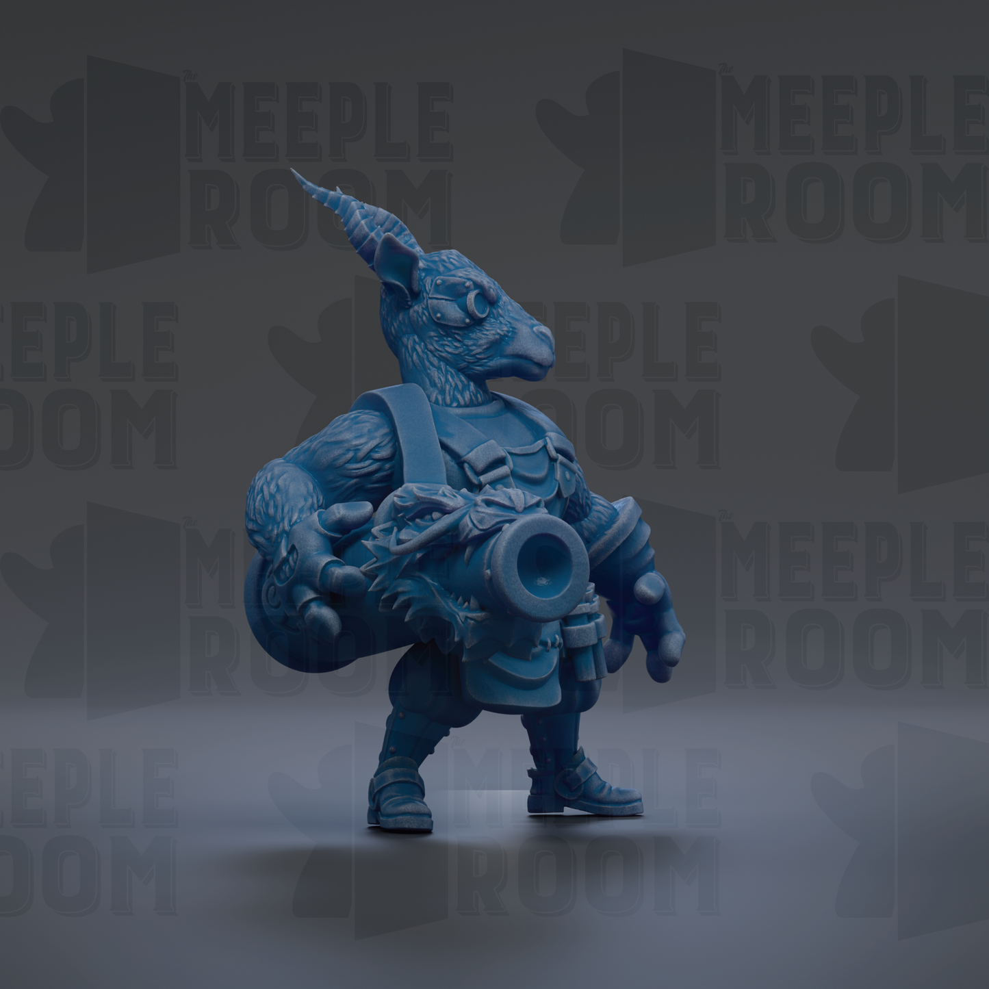A blue, cartoonish-looking creature with horns and a large head, holding a large object in its hands, against a dark background with repeated text.