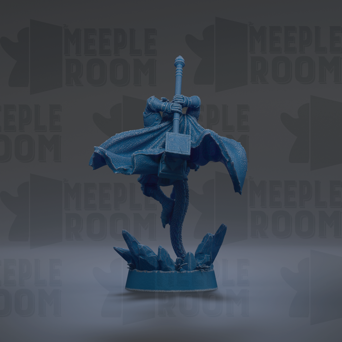 A blue figurine of a person holding a hammer stands on a base, surrounded by rocks, against a dark background with repeated text.