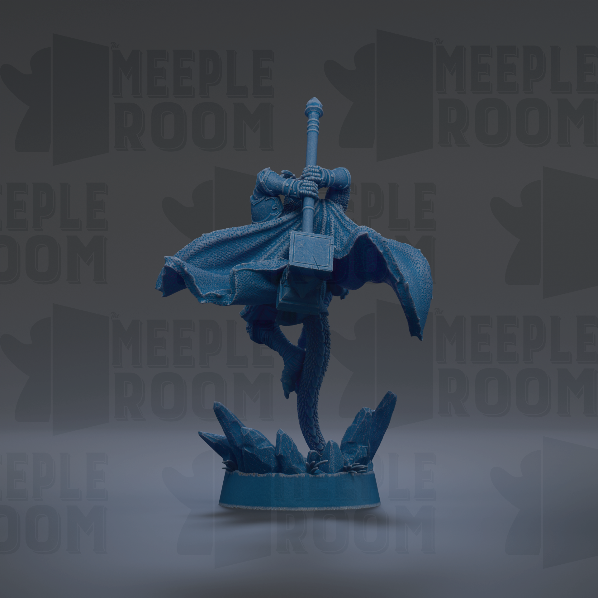 A blue figurine of a person holding a hammer stands on a base, surrounded by rocks, against a dark background with repeated text.