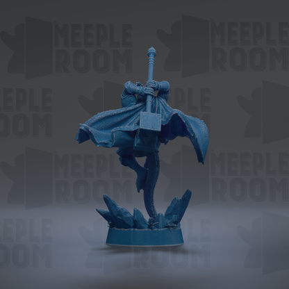 A blue figurine of a person holding a hammer stands on a base, surrounded by rocks, against a dark background with repeated text.
