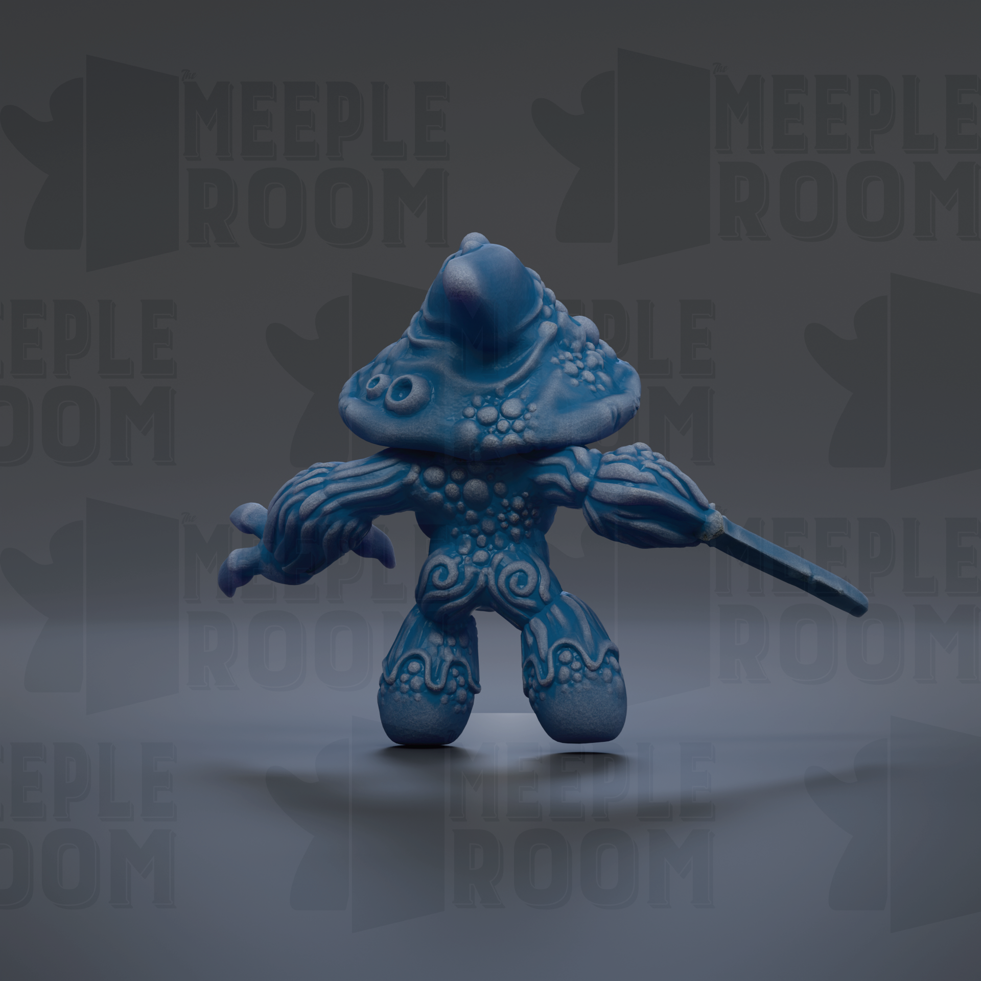 A blue, whimsical figurine with a pointed hat and a long stick, set against a dark background with repeated text.