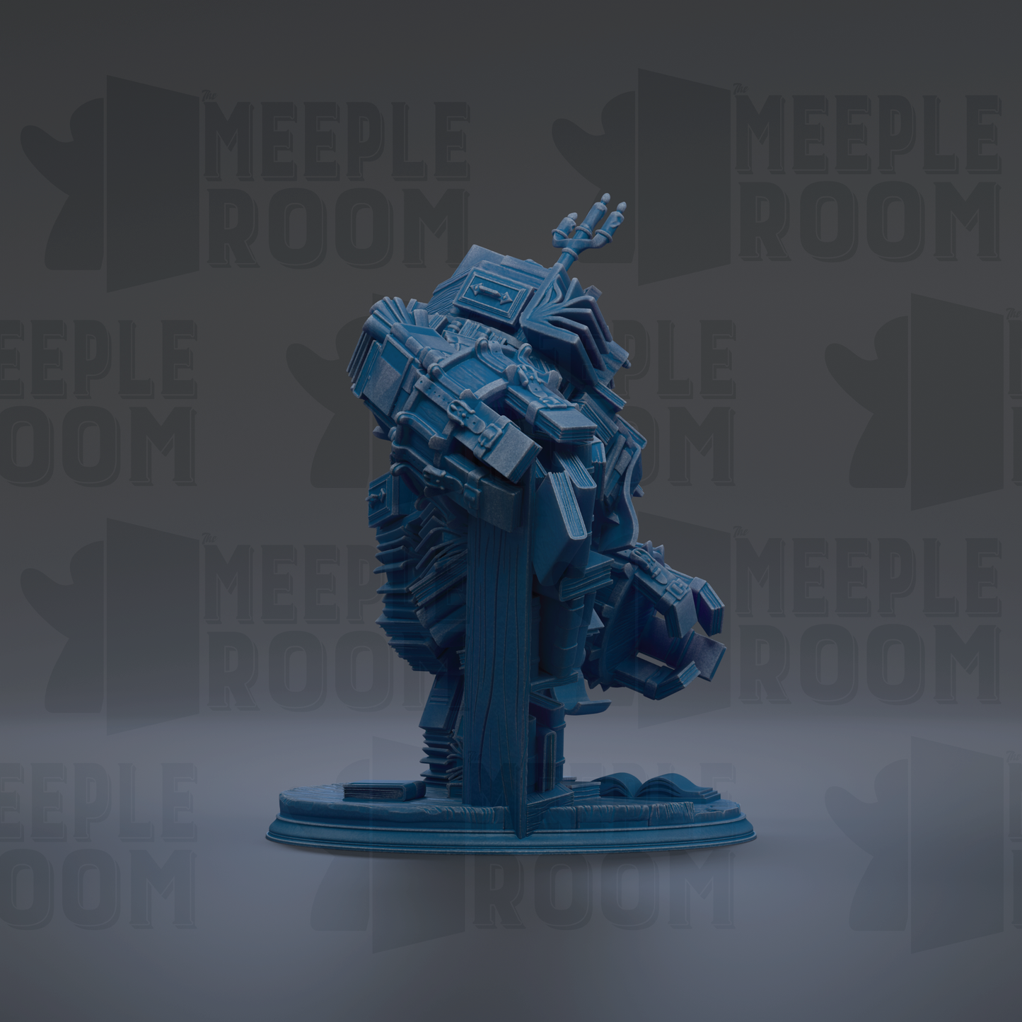 A 3D rendering of a blue, metallic robot or mechanical figure, with various geometric shapes and components.