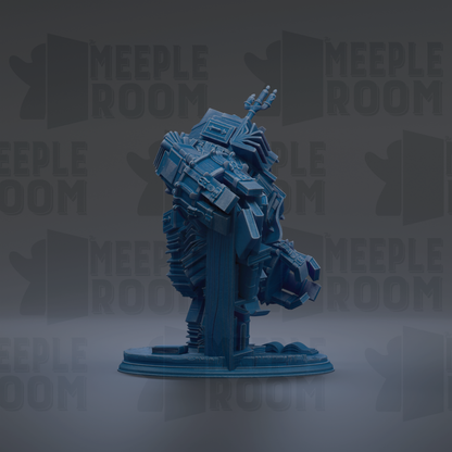 A 3D rendering of a blue, metallic robot or mechanical figure, with various geometric shapes and components.