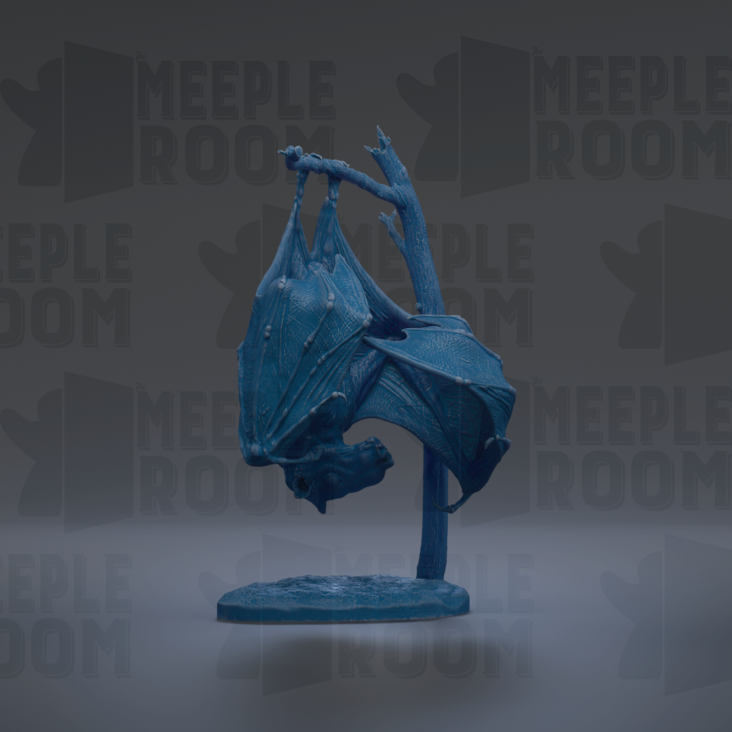 A blue bat figurine is displayed against a dark background with repeated text.