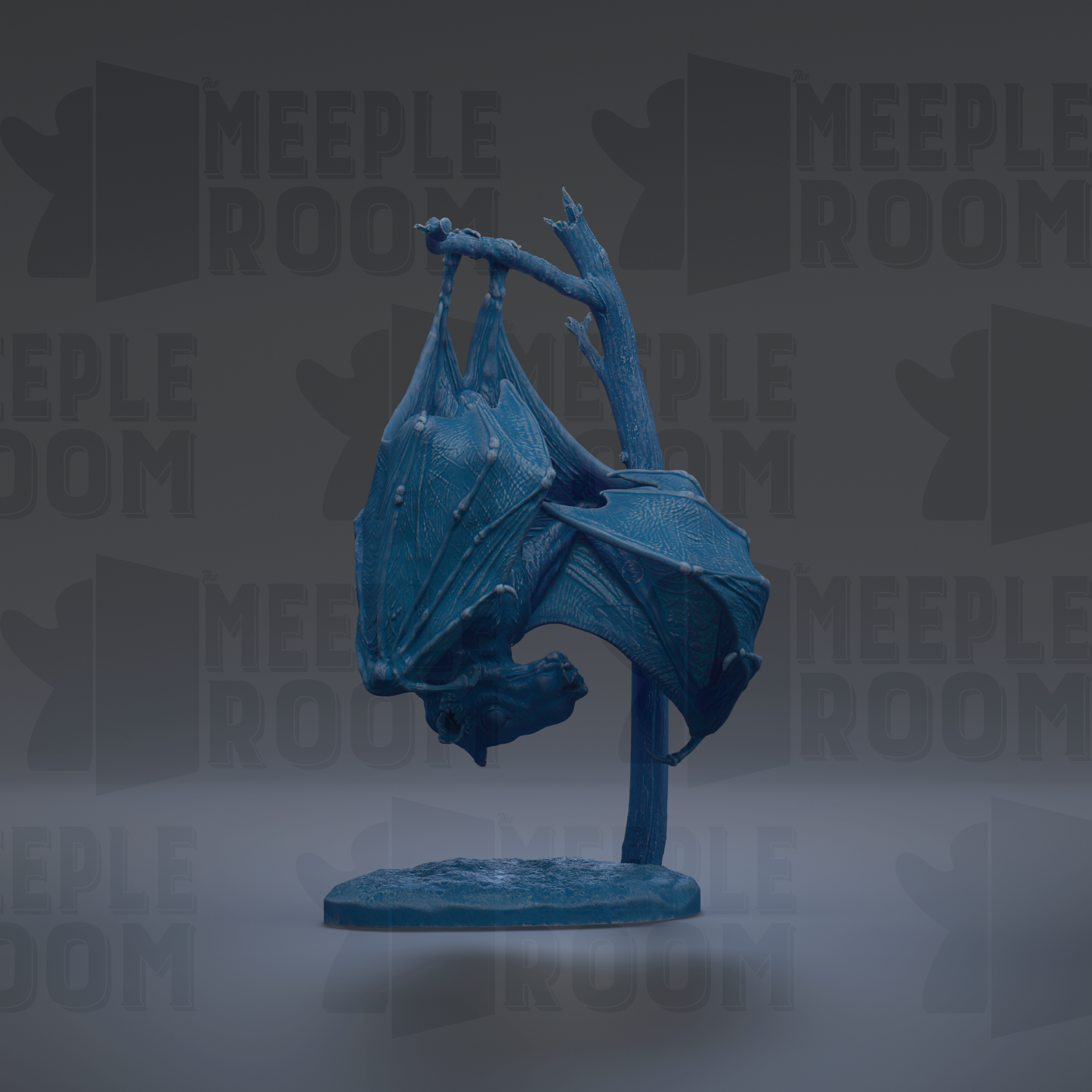 A blue bat figurine is displayed against a dark background with repeated text.