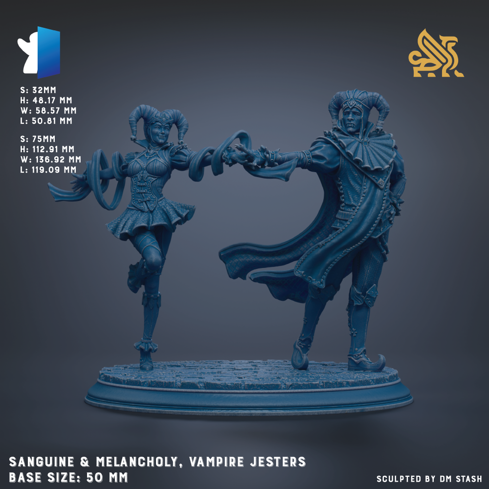 two blue statues of a man and a woman, with the man holding a sword and the woman holding a staff. The statues are on a pedestal, and the base size is 50mm. The image is a sculpture of a Vampire Jester, and the base size is 50mm.