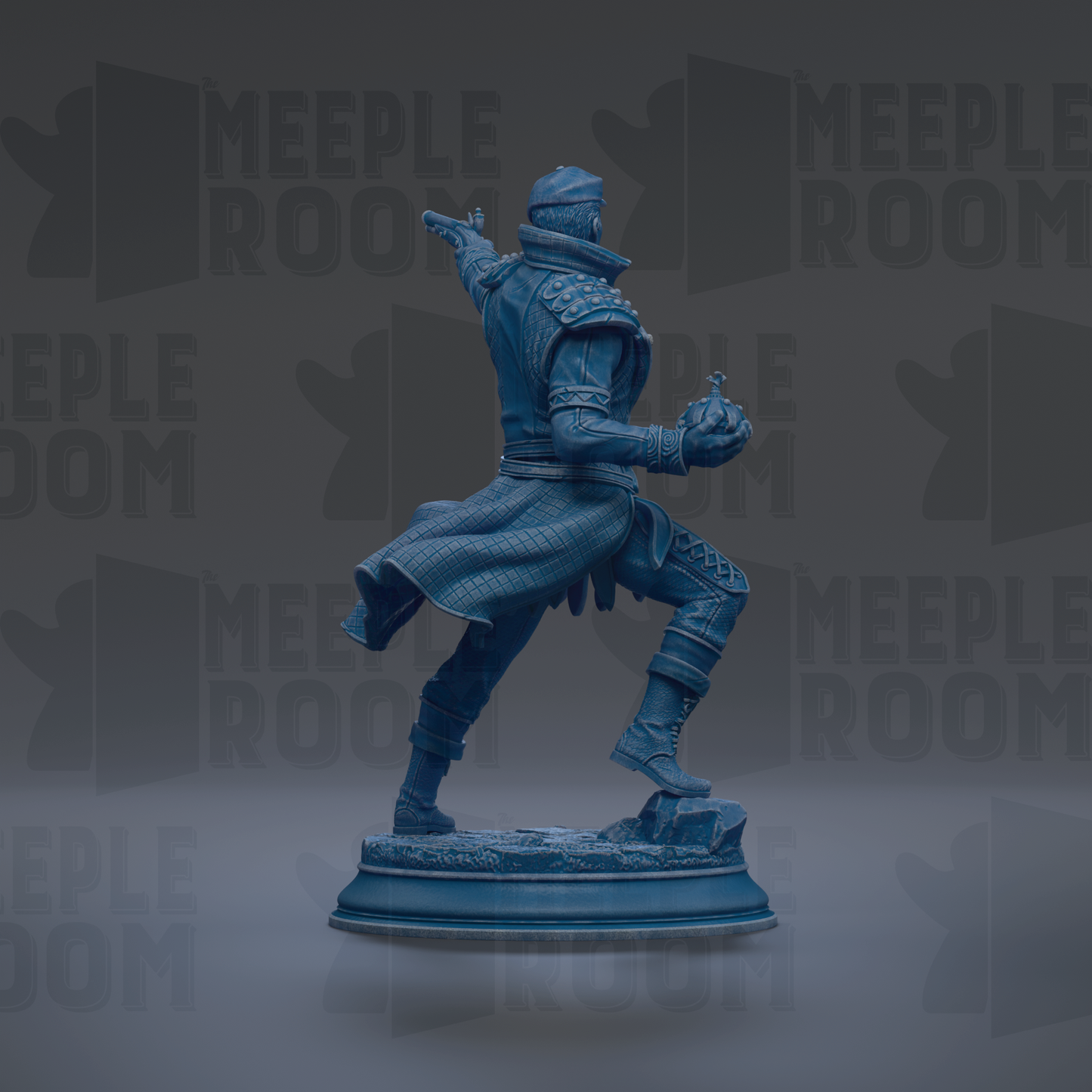 A blue statue of a person standing on a pedestal against a dark background with repeated text.