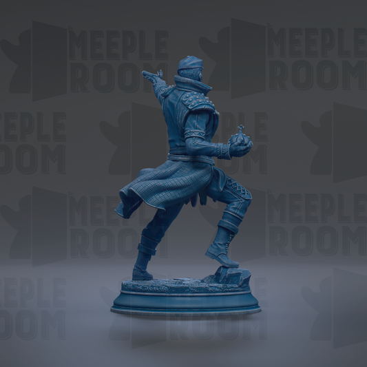 A blue statue of a person standing on a pedestal against a dark background with repeated text.