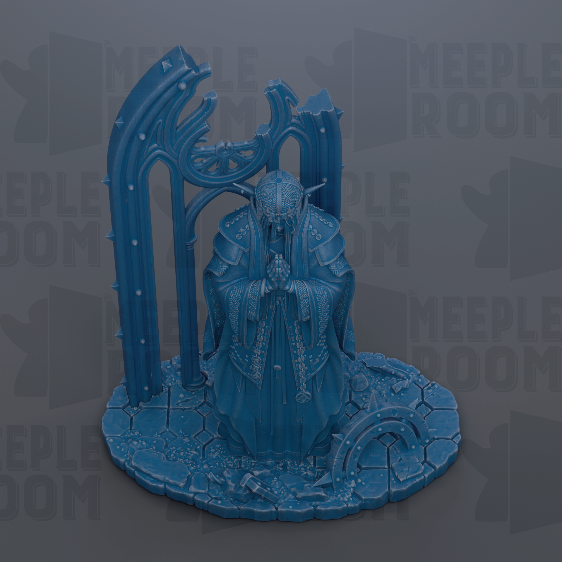 A blue, 3D-rendered statue of a figure sitting on a pedestal, with intricate details and a textured surface.
