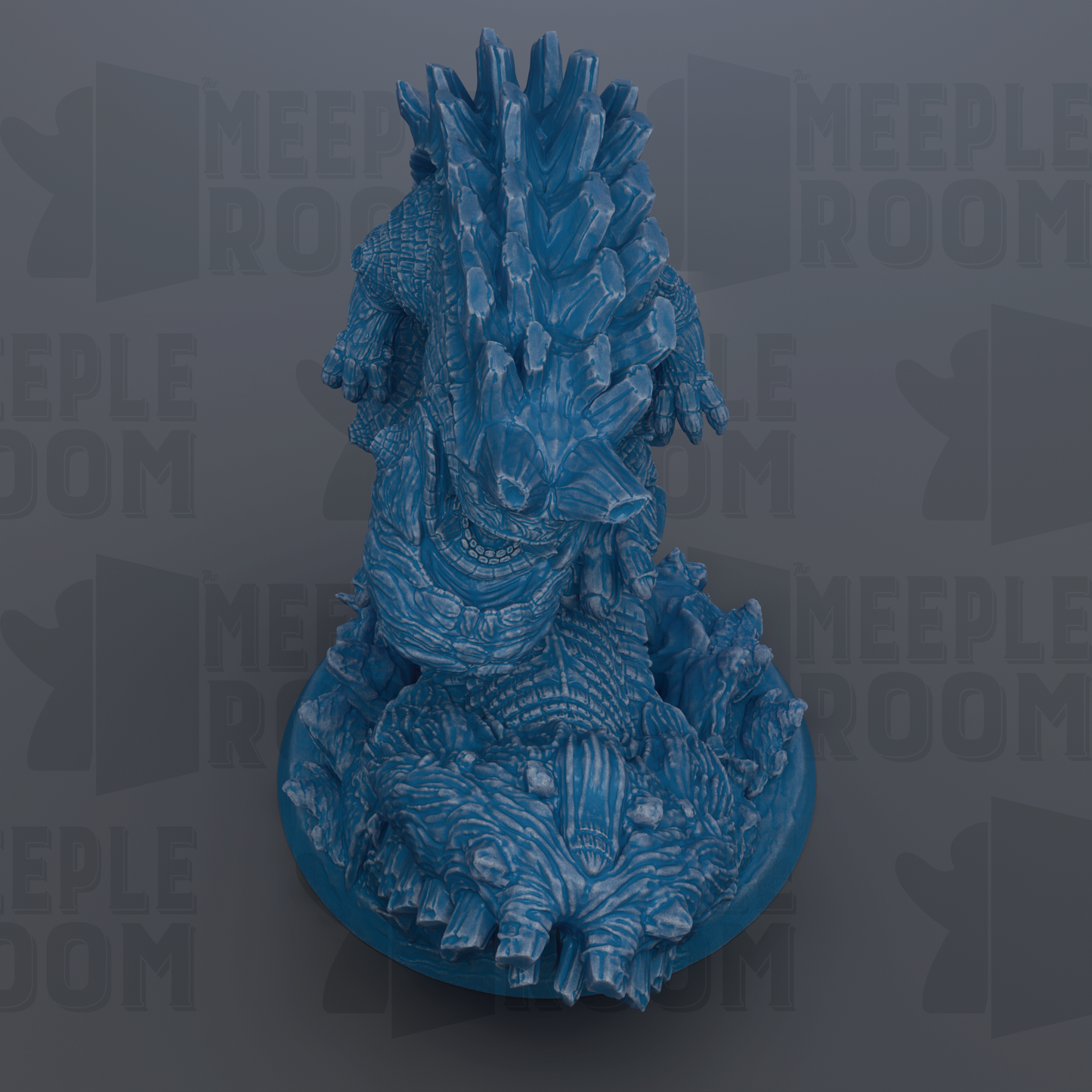 A blue, 3D-rendered figurine of a fantastical creature with spikes and a textured body, sitting on a blue base.