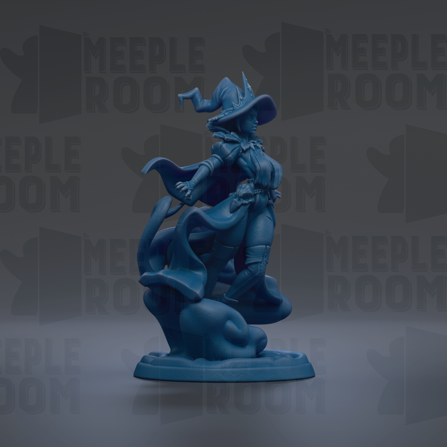 A blue figurine of a witch standing on a rock, with a flowing cape and hat, against a dark background with repeated text.