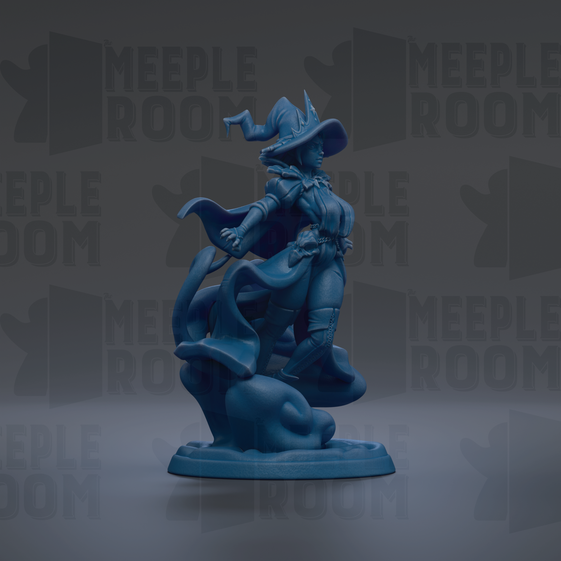 A blue figurine of a witch standing on a rock, with a flowing cape and hat, against a dark background with repeated text.