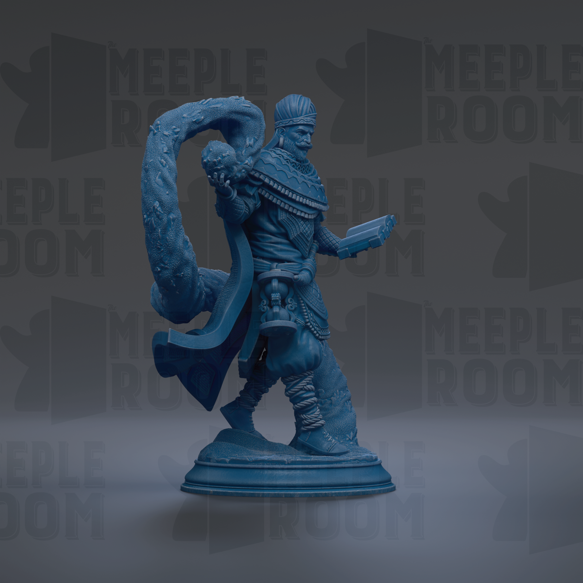 A blue statue of a person holding a book and a staff, standing on a pedestal against a dark background with repeated text.