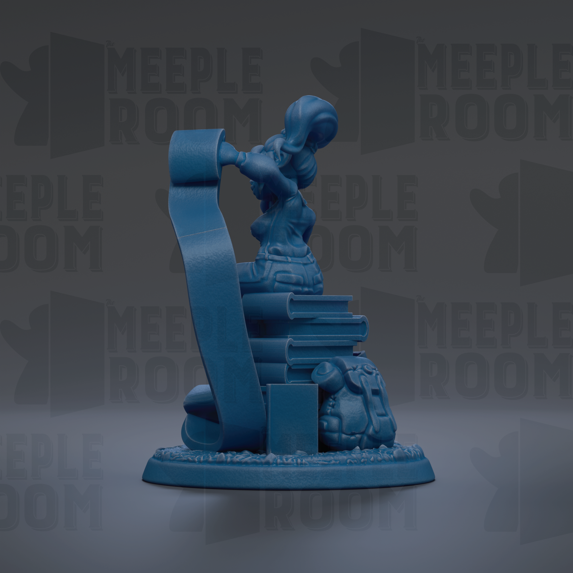 A blue figurine of a person sitting on a stack of books, with the text "MEUPLE ROOM" repeated in the background.