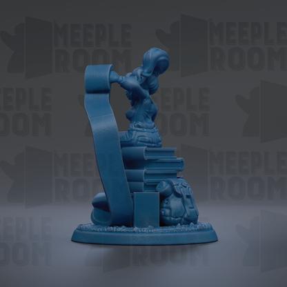 A blue figurine of a person sitting on a stack of books, with the text "MEUPLE ROOM" repeated in the background.