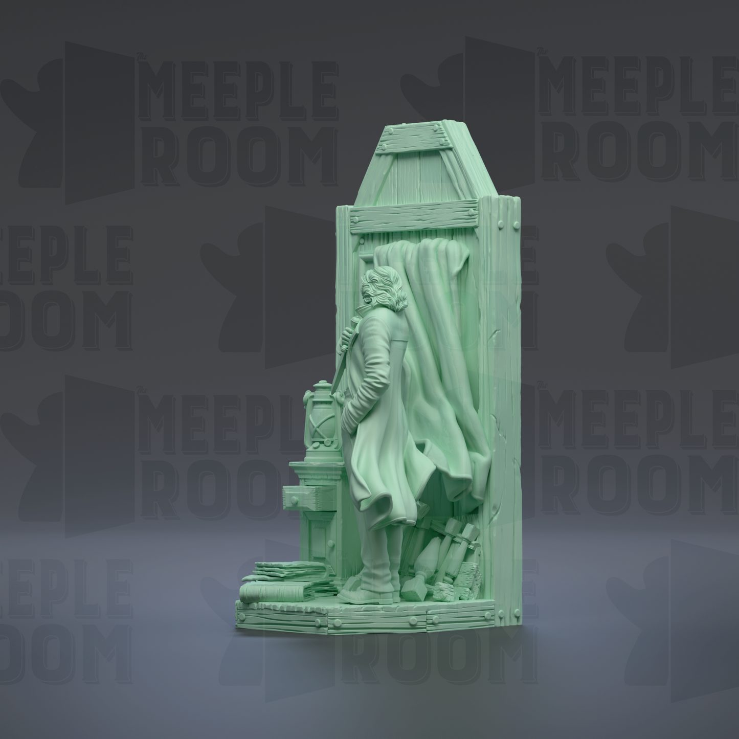 A green 3D sculpture of a person standing in front of a wooden structure, with the text "MEUPLE ROOM" repeated in the background.