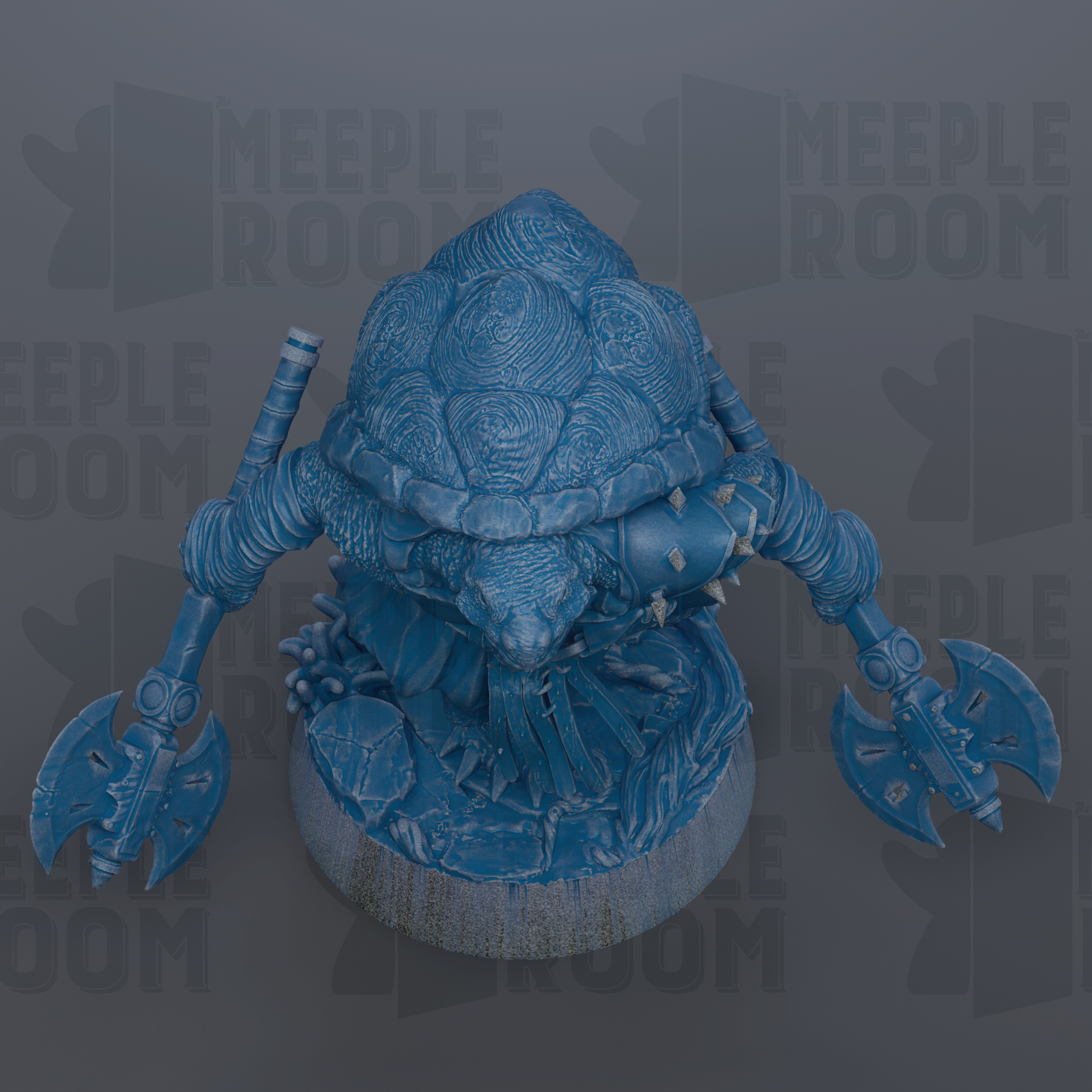 A blue, sculpted creature with a large head and multiple arms, sitting on a base and holding a weapon.