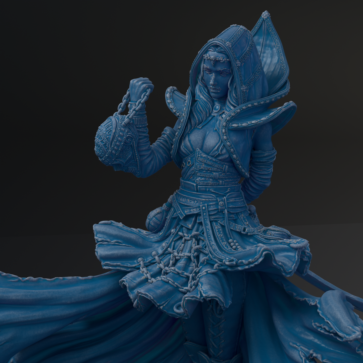 A detailed 3D rendering of a female character in a flowing, ornate costume with intricate details and a hooded design.