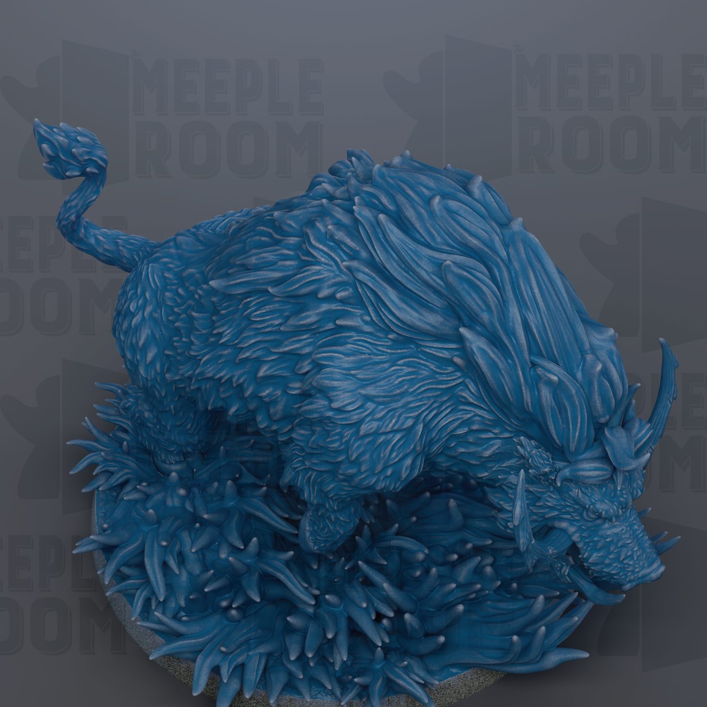 A detailed 3D rendering of a blue, furry creature resembling a dragon or mythical animal, with intricate textures and patterns.