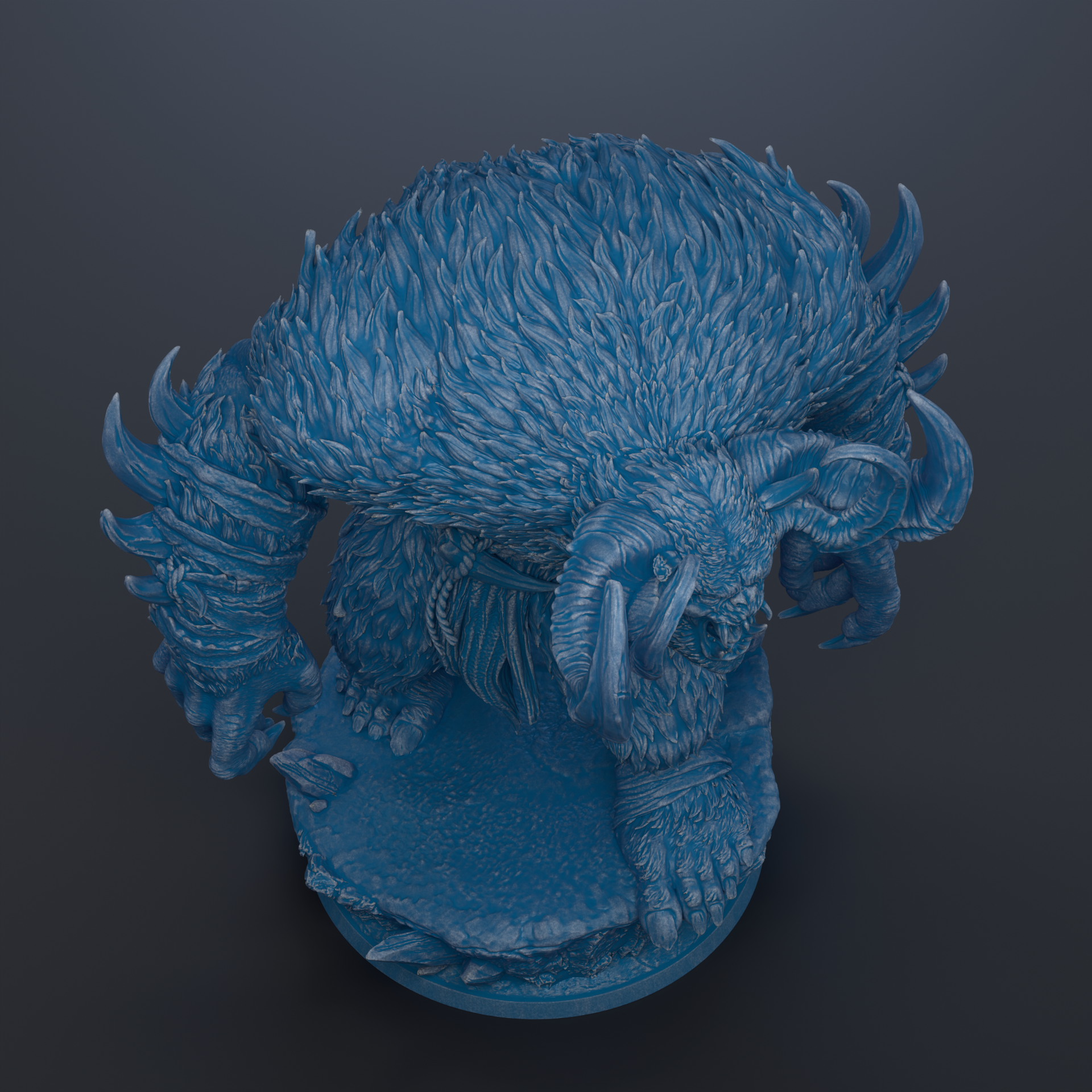 A detailed 3D rendering of a fantastical creature with a large, furry body and sharp, curved horns. The creature appears to be a mythical or magical being, possibly a dragon or a similar mythical creature. The image is set against a dark background, which emphasizes the creature's features and colors.