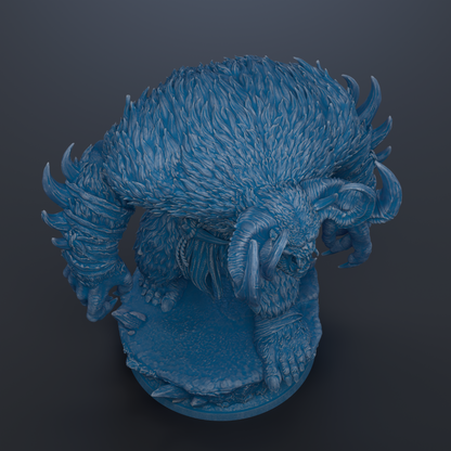 A detailed 3D rendering of a fantastical creature with a large, furry body and sharp, curved horns. The creature appears to be a mythical or magical being, possibly a dragon or a similar mythical creature. The image is set against a dark background, which emphasizes the creature's features and colors.