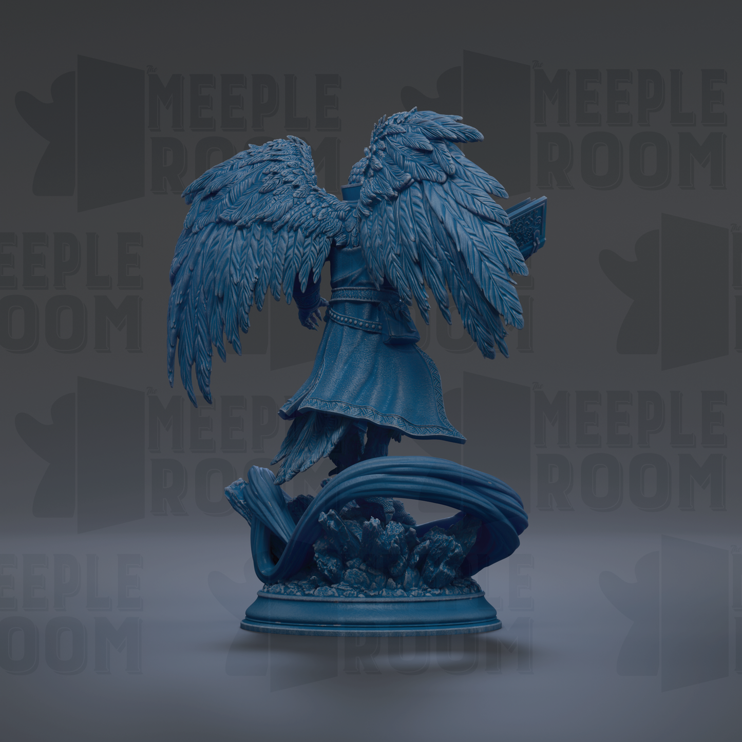 A blue statue of a winged figure with outstretched wings, standing on a pedestal.