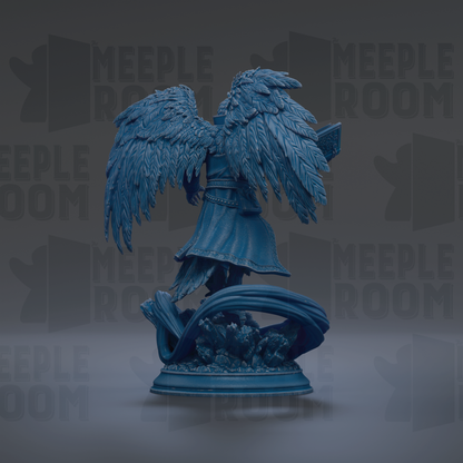 A blue statue of a winged figure with outstretched wings, standing on a pedestal.
